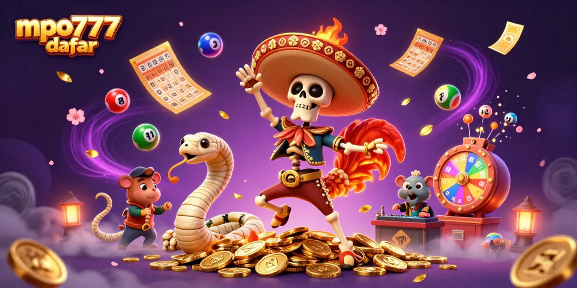 Engage with the excitement of mpo777 daftar as a skeleton mariachi dances amidst vibrant lottery symbols.