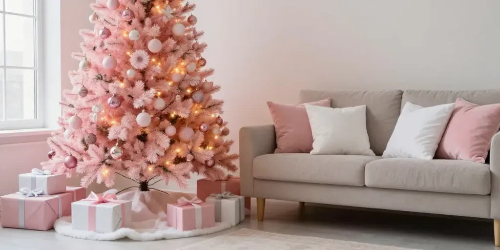 A beautifully decorated christmas tree with pink decor in a cozy living room during the holidays.