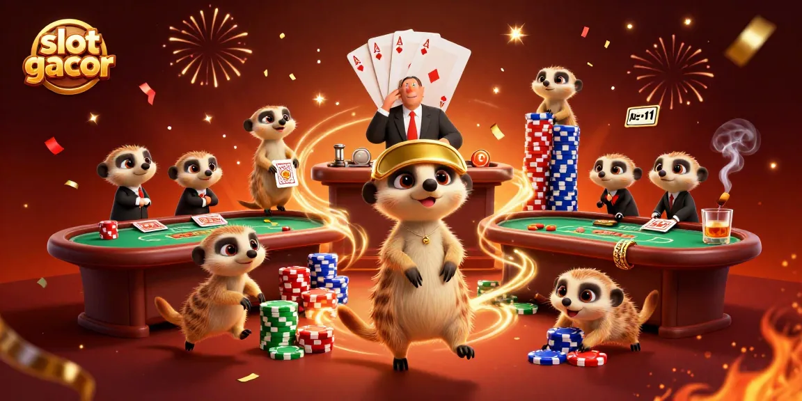 Engage with slot gacor action in a vibrant meerkat casino scene filled with poker excitement.