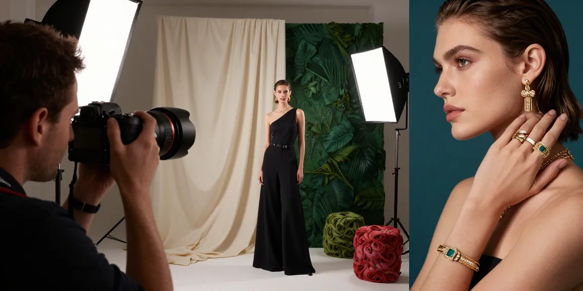 MaxArt studio fotografico en studio de mode avec un modèle, éclairage dramatique et accessoires luxueux.