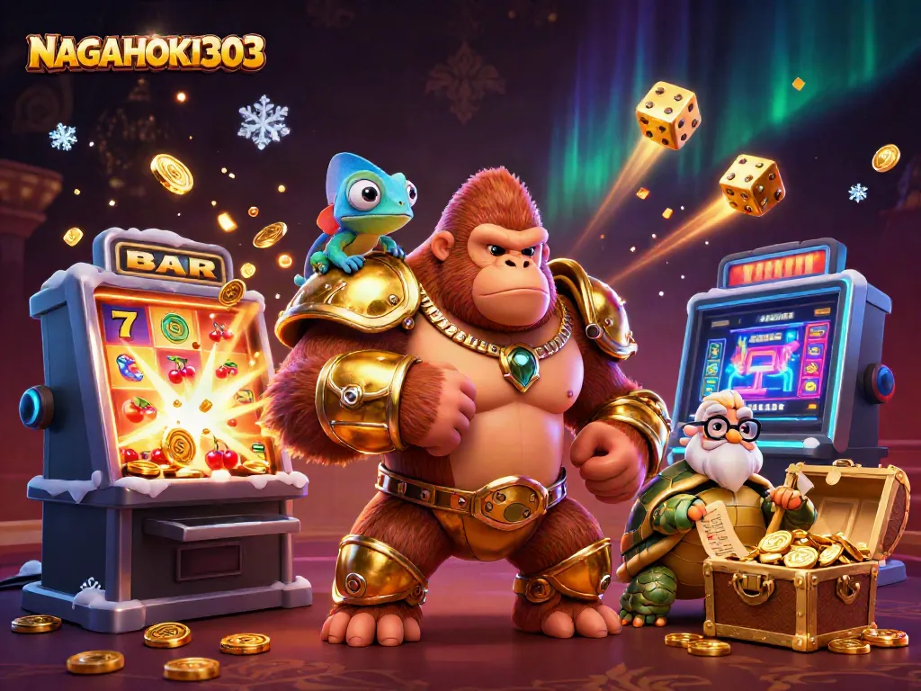NAGAHOKI303 menampilkan gorila raja kuat dalam armor emas, simbol slot, dan cahaya jackpot yang menyala.