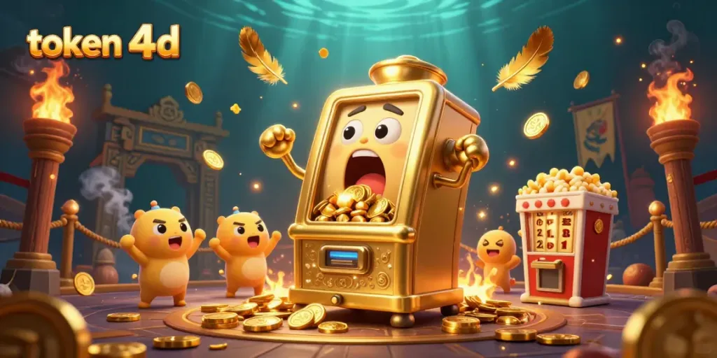 Slot 4D menghasilkan jackpot dengan slot mesin bergoyang dan banyak koin emas berceceran sebagai simbol keberuntungan.