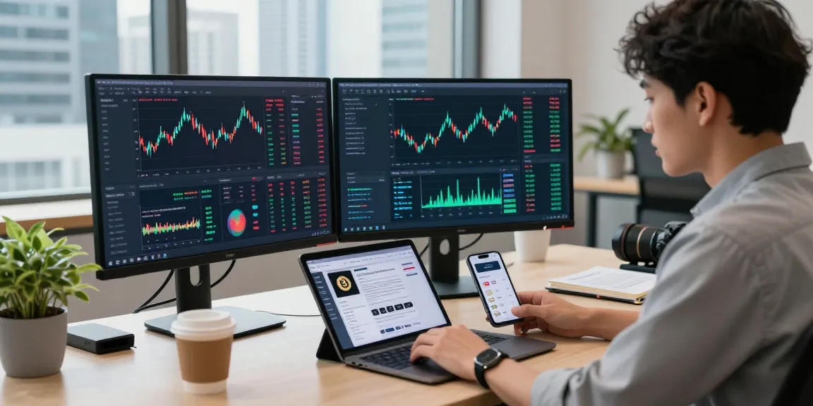 Cricbet99 cryptocurrency trading workspace with multiple screens displaying crypto exchanges and DeFi dashboards, highlighting secure investment strategies.
