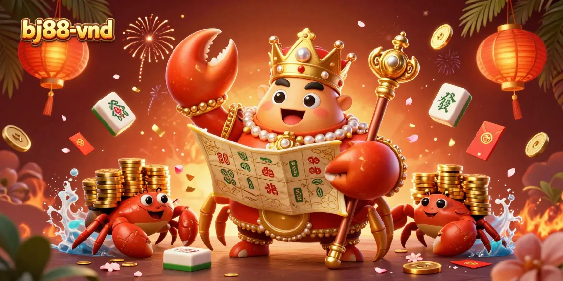 BJ88-vnd invites players to engage with vibrant casino fun, featuring a majestic golden crab emperor and dynamic game elements.