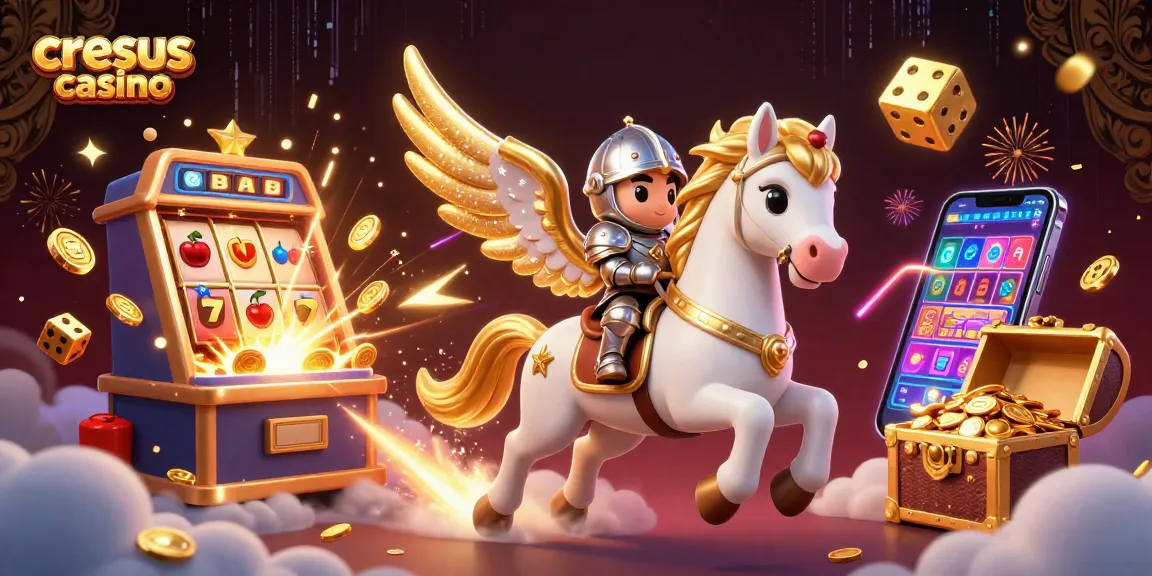 Cresus casino présente une scène envoûtante avec un cheval céleste et une explosion de jackpot, mettant en avant des éléments de casino vibrants.