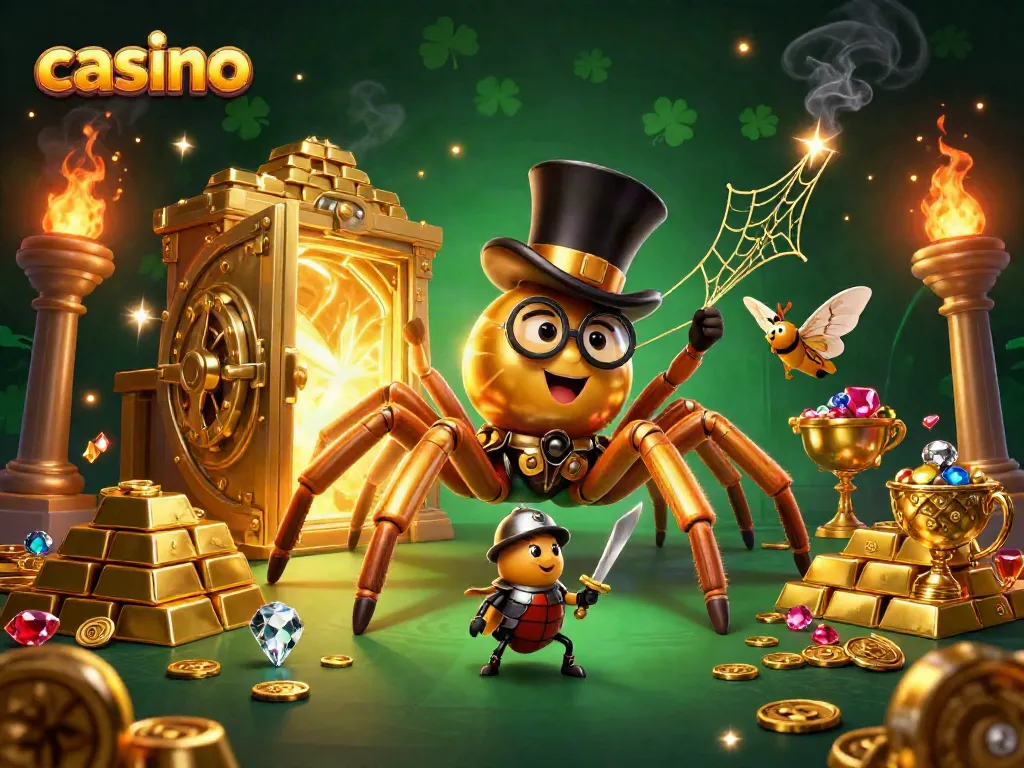 Experience the excitement of a casino with a golden tarantula and brave beetle knight in a rich 3D scene.