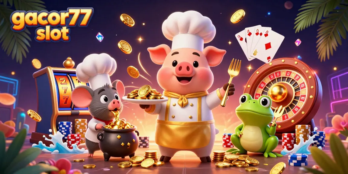 Memenangkan gacor77 slot dengan chef babi dan karakter kasino penuh emas dan kemewahan.