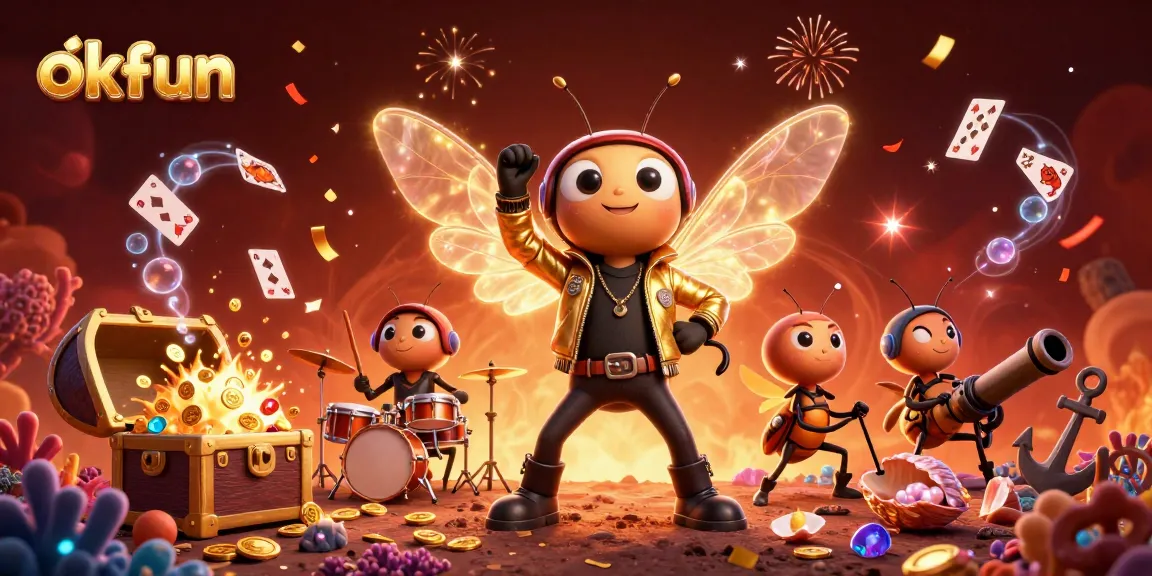 Experience the excitement of okfun's dynamic casino world with a vibrant 3D illustration featuring games and characters.
