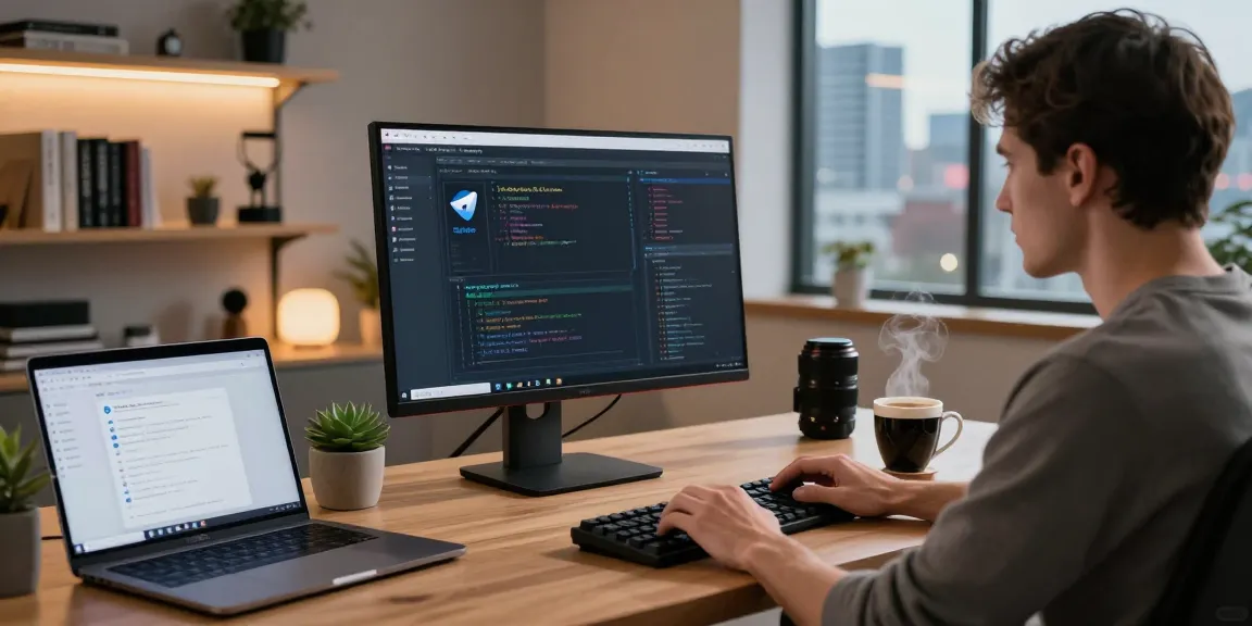 Developer coding Telegram Chinese latest apk in sleek workspace with modern tech.