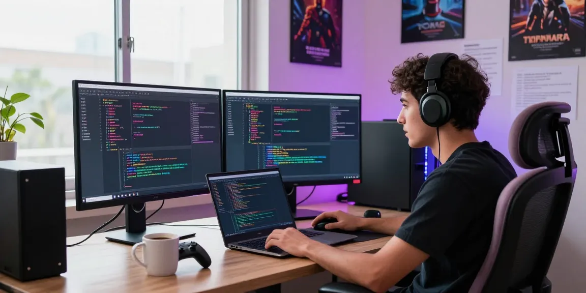 Developing FiveM assets in a vibrant tech workspace with dual monitors and gaming decor