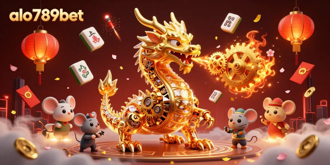 Experience the thrill of alo789bet with a stunning 3D illustration featuring a mechanical dragon and vibrant casino elements.