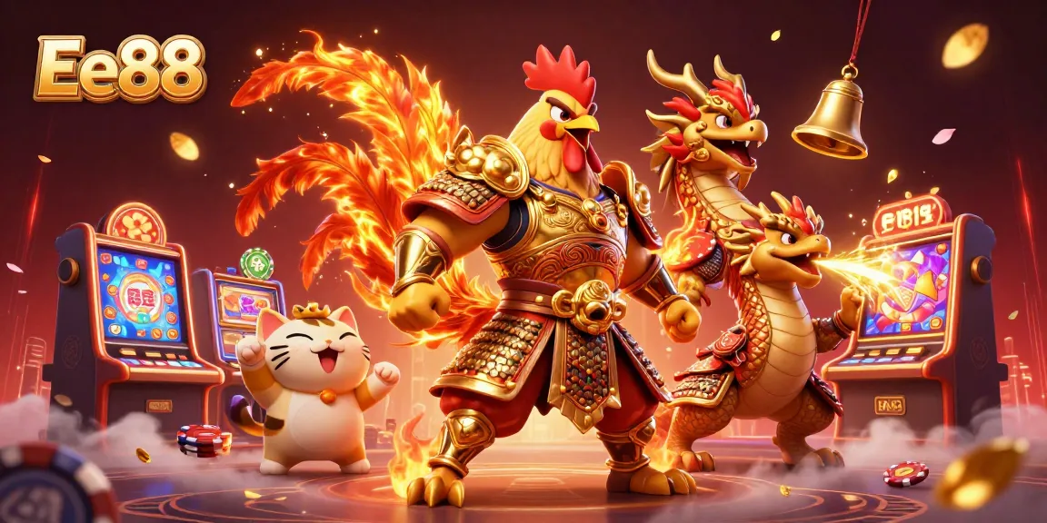 Engage in thrilling action with Ee88 as a warrior rooster, dragon hatchling, and fortune cat unite in a vibrant casino scene.