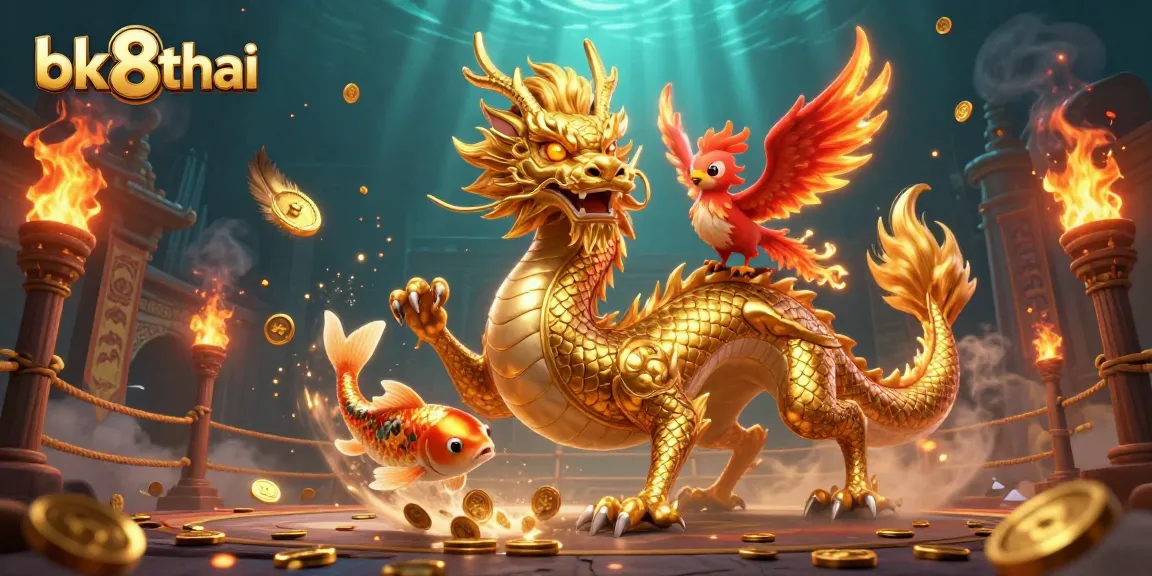 Experience thrilling action with bk8thai in this vibrant, dynamic casino illustration of a golden dragon.