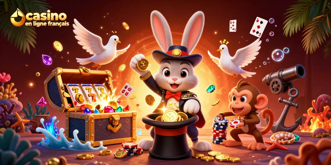 Illustration 3D captivante de casino en ligne français avec un lapin magicien, une colombe et un singe.