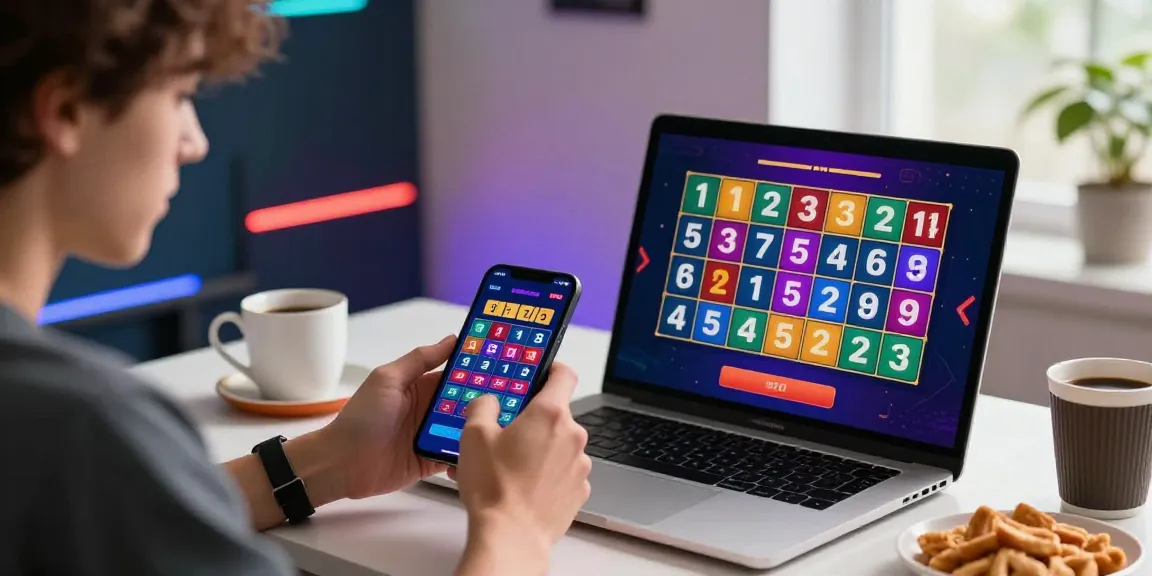 Pengguna ratutogel sedang bermain togel online dengan ponsel dan laptop, suasana ceria dan modern.