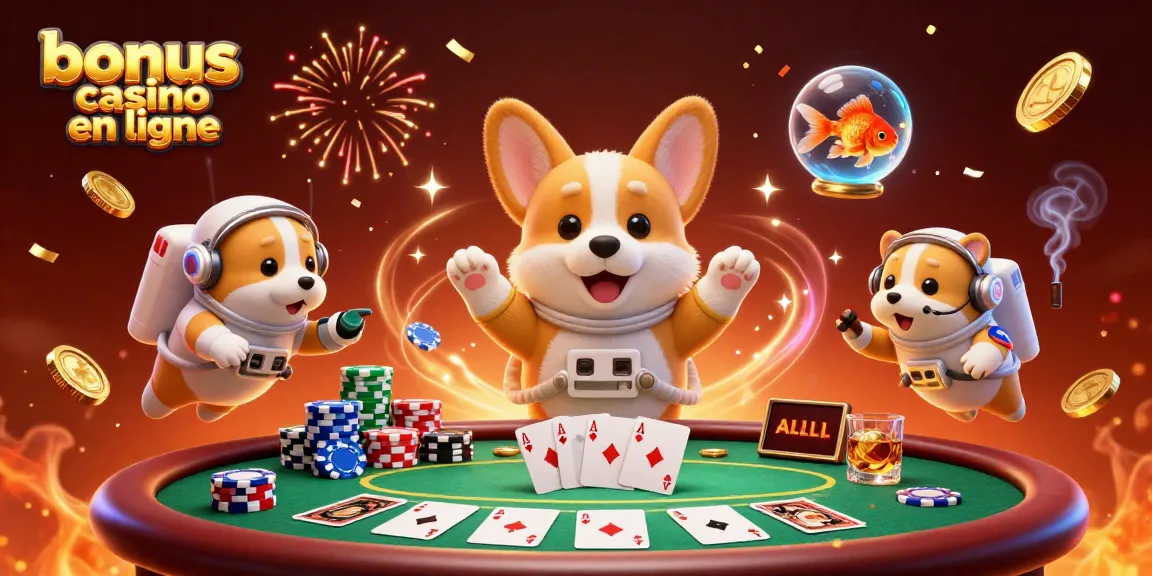 Profitez d'un bonus casino en ligne dans une scène animée de casino spatial avec un corgi astronaute.